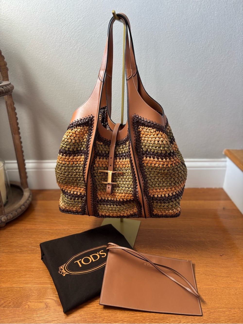 TOD'S Timeless Tote in Raffia Tan/Olive/Brown NWOT
